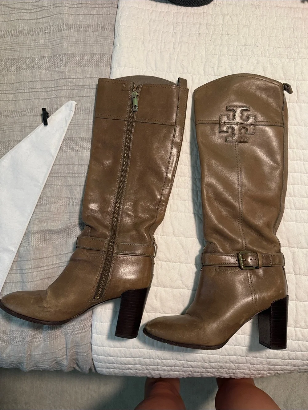Tory Burch Olive Brown Leather Knee-High Block Heel Boots
